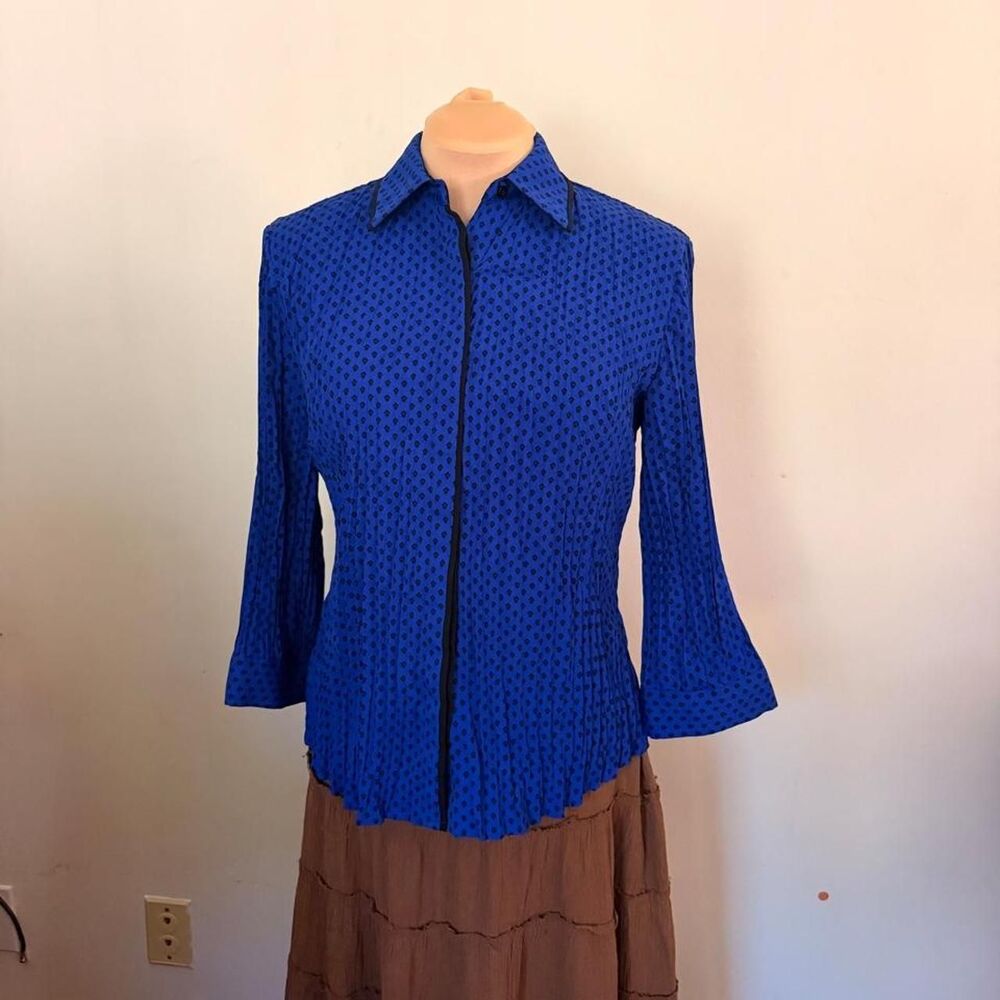 Laura Scott Cobalt Blue Crinkle Pleat Button Front Blouse Est. Size M